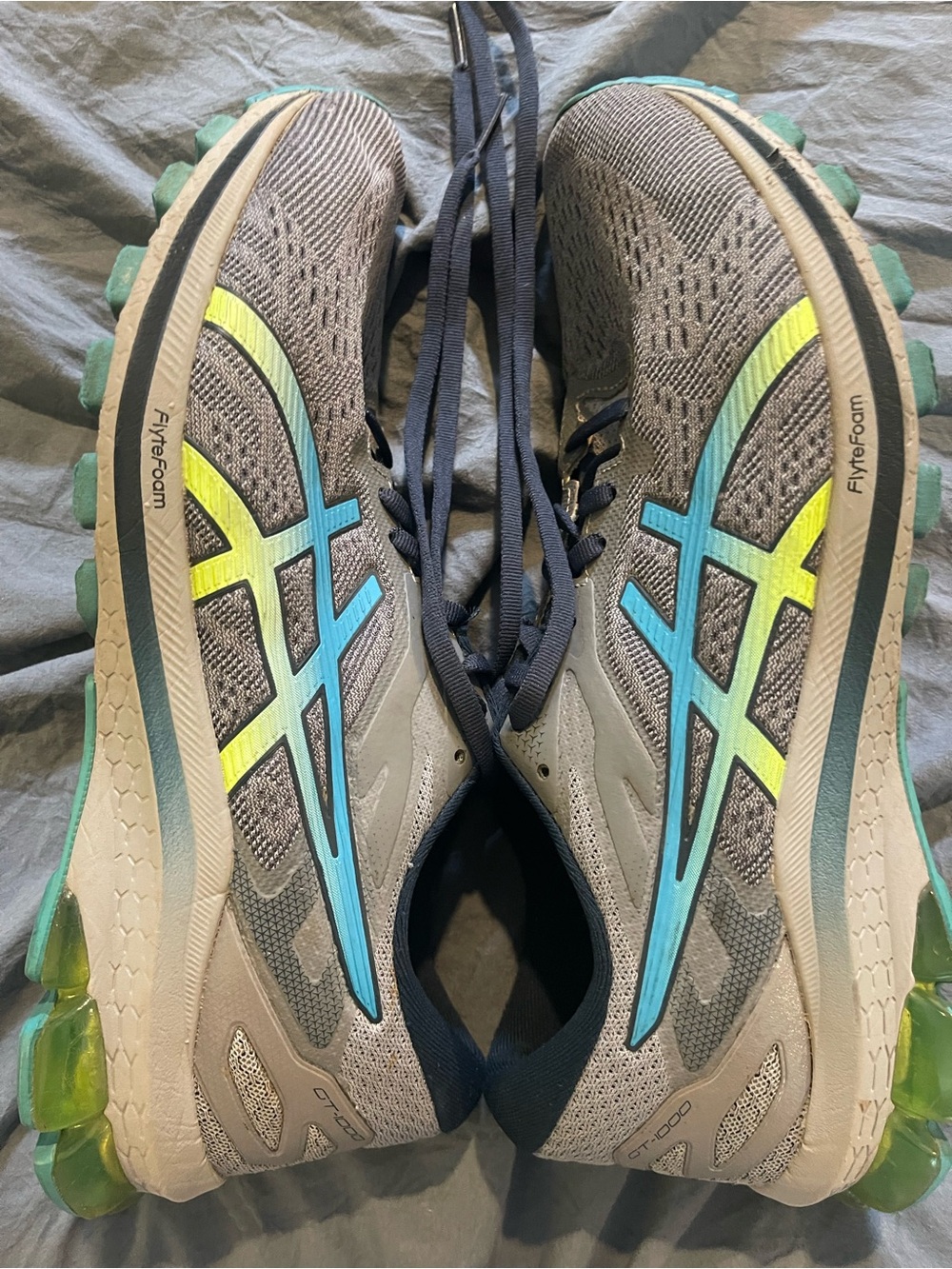 ASICSGT-1000 Gray Running Shoes with Blue and Neon Green Accents- men’s Size 9.5